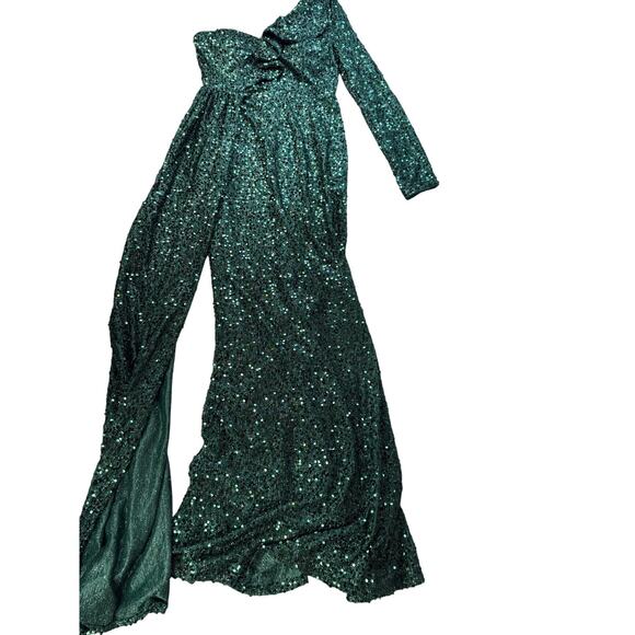 NWT Faeriesty Formal Dress Gown Sz Large Dark Green Sequin One Shoulder Mermaid - Picture 5 of 16